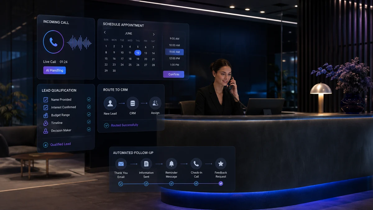 Conceptual AI Front Desk operation showing call handling, scheduling, CRM routing, and follow-up
