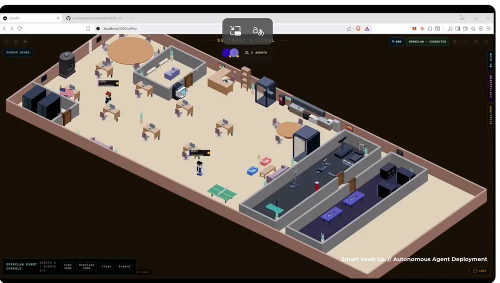 SmartVaultClaw3D 3D workspace displaying AI agents inside a shared digital office