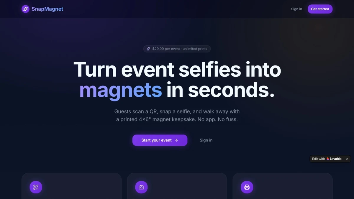 SnapMagnet event-photo magnet app preview — HJT project in development