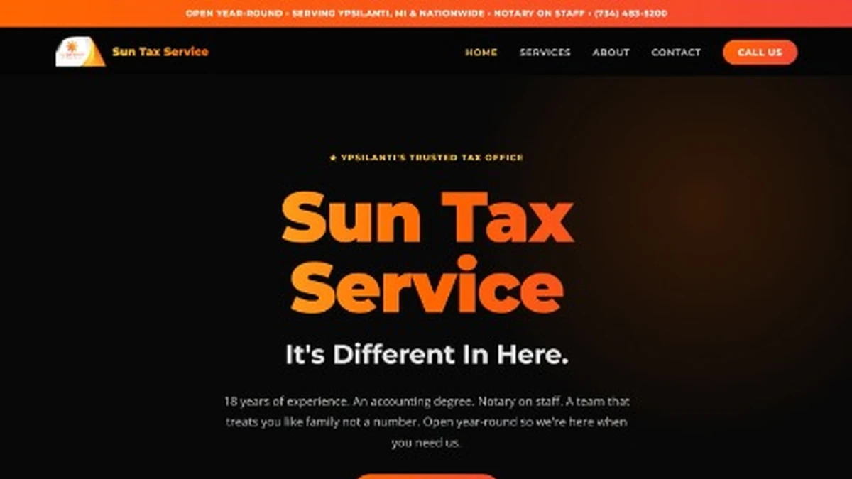 Sun Tax Service homepage, designed and built by High John Technology